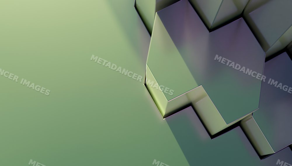 Closeup of abstract 3d metallic hexagons on a green background