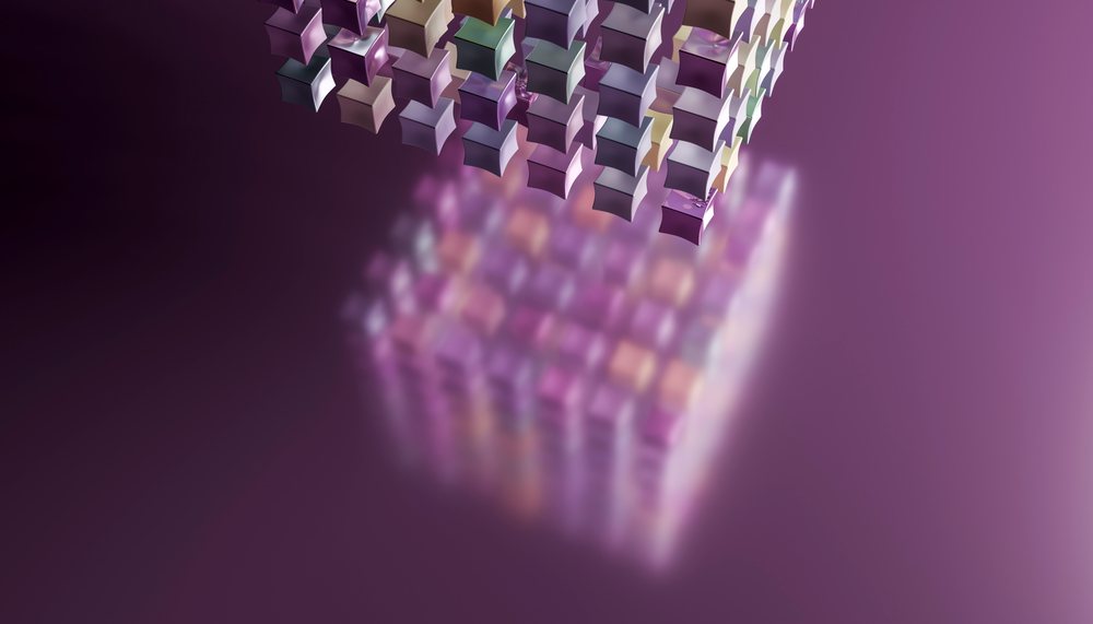 A 3d abstract purple cube made of modular blocks floating in space