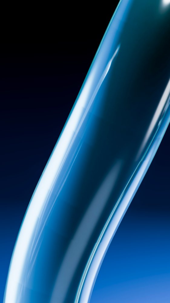 Blue curved fluid shape with a smooth reflective surface on a dark gradient background.