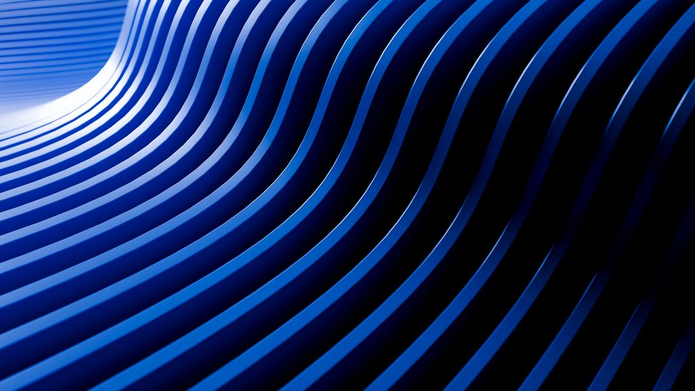 Blue curved stripes form a smooth, glossy, abstract digital artwork with a flowing wave pattern and repeating lines.