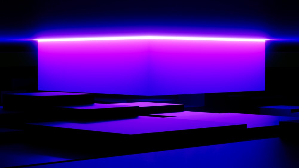 Glowing purple and blue rectangular block floats above dark abstract geometric shapes in a digital art illustration.