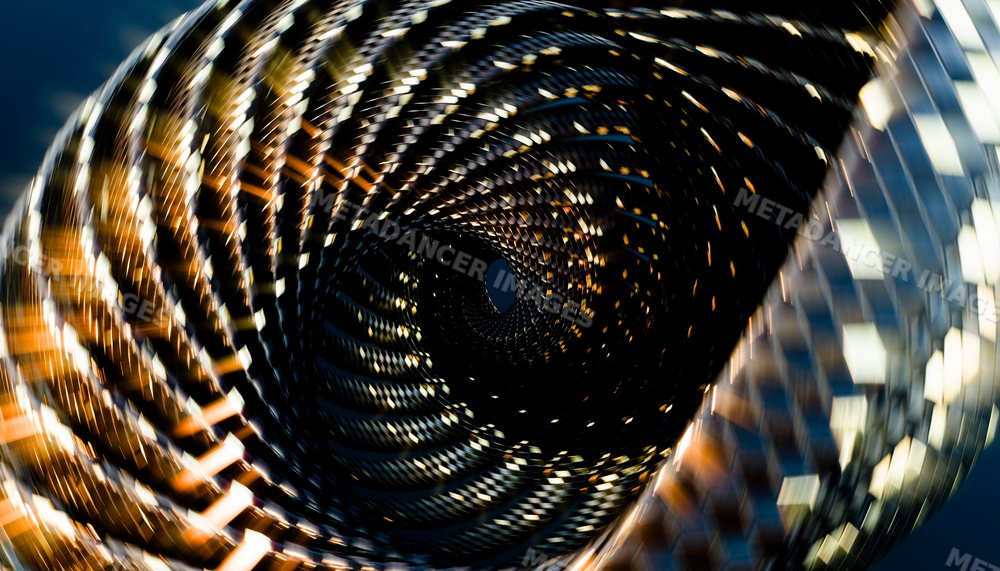 Close-up digital rendering of a twisting metal spiral structure