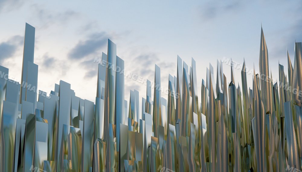 Sharp reflective metal spikes clustered outdoors against cloudy sky