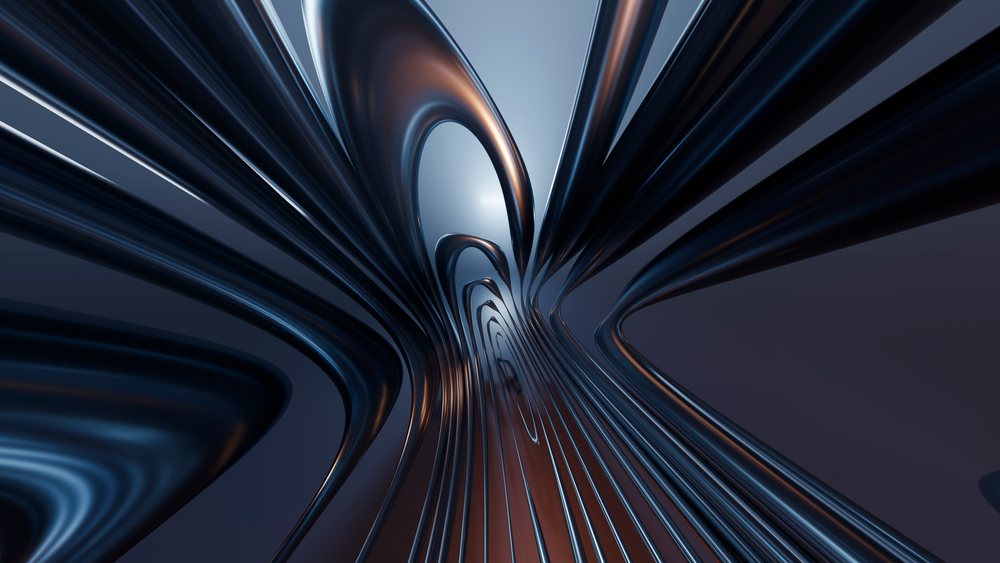 3D rendered abstract shapes with dark glossy surfaces and curved forms create a smooth futuristic flowing design.