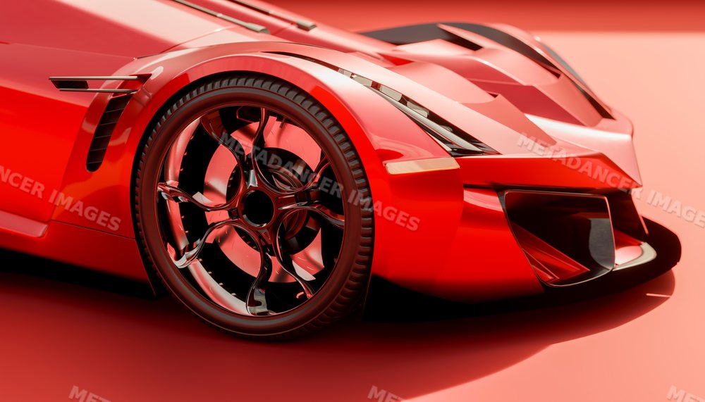 Close-up of the front wheel and body of a red sports vehicle