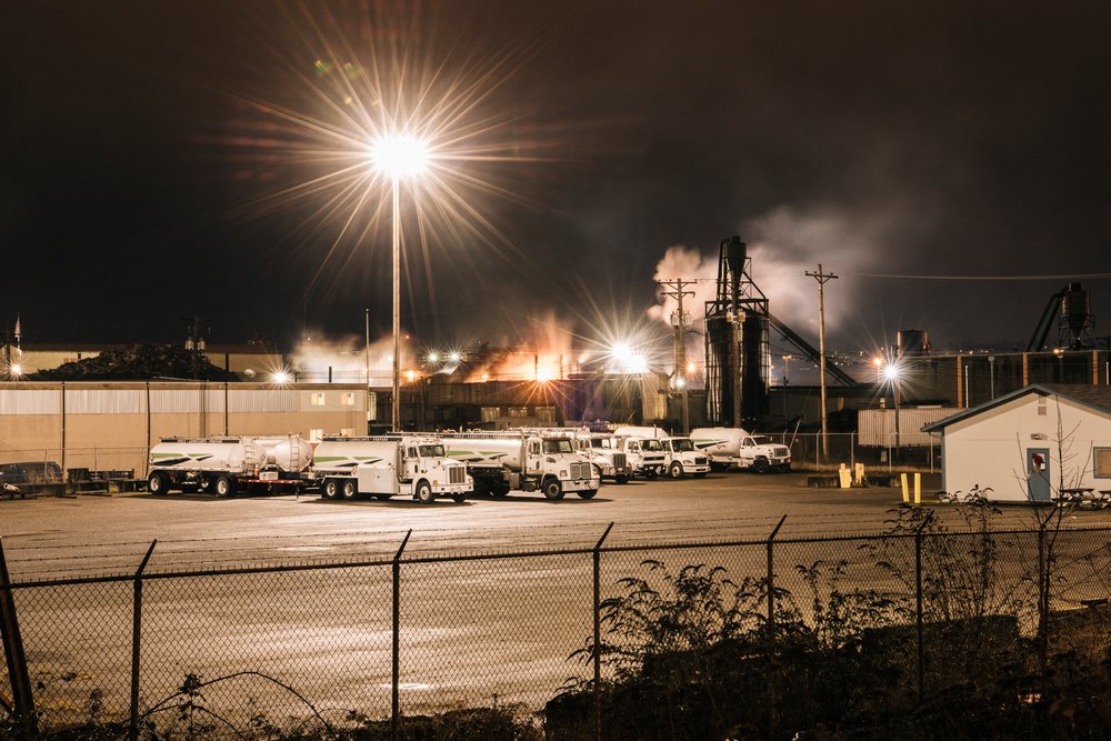 Industrial plant at night, Washington, Tacoma, USA.