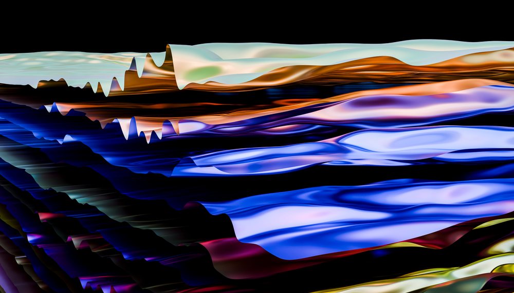 Abstract digital art featuring colorful, fluid wave shapes with layered textures on a dark background.