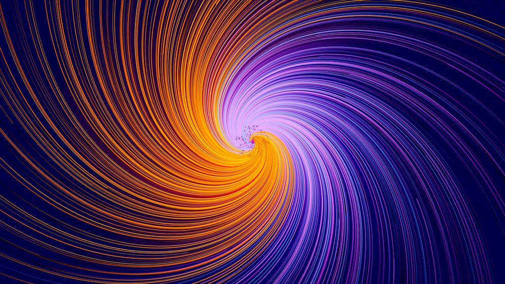 Abstract digital art of a colorful swirling spiral with orange, purple, and blue curved lines forming a dynamic vortex.