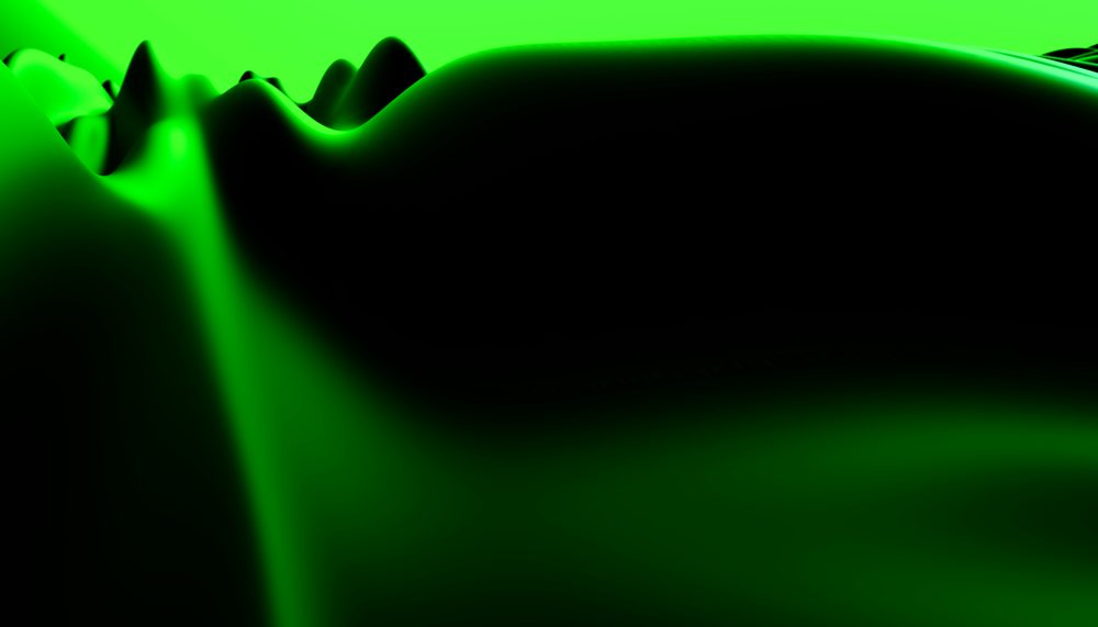 Abstract digital artwork featuring smooth, undulating green waves with dark shadows and gradients.