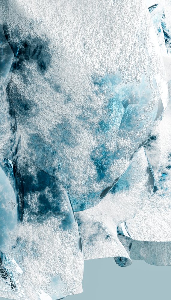 Close-up of blue transparent ice formations with frosty surfaces showing cold winter texture.