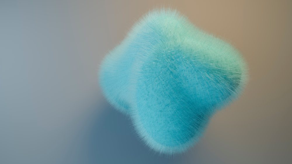 3D rendering of a soft, fluffy, rounded blue-green abstract shape on a neutral studio background.