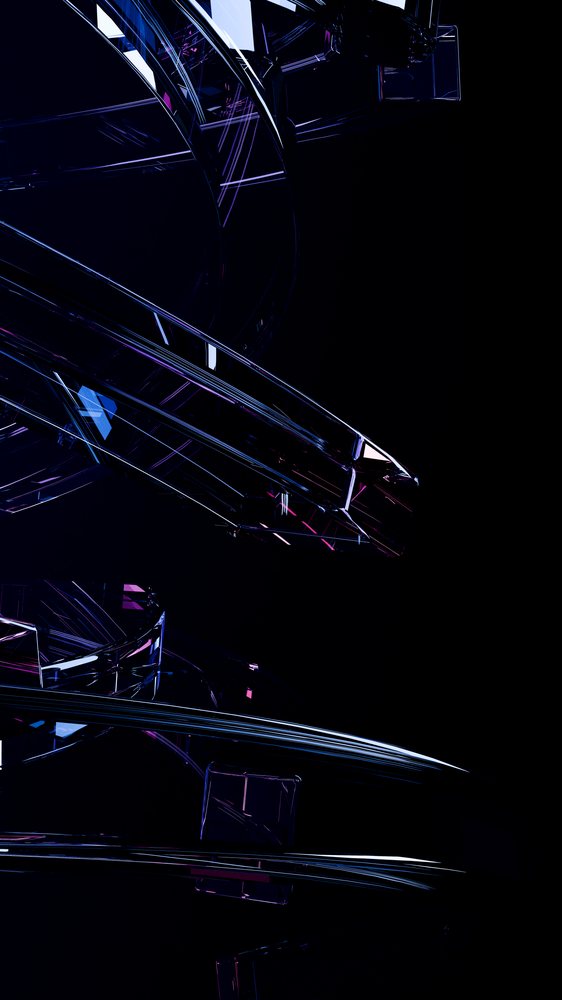 Abstract dark curving glass shapes with purple and blue reflections on a black background in digital art style.