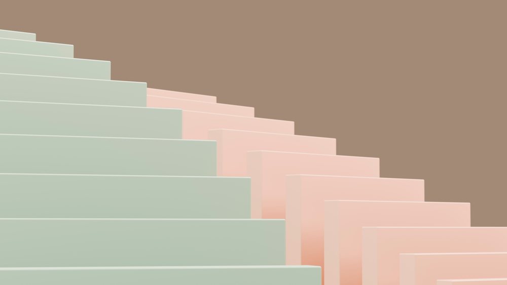 Minimalist modern stairs with pastel green and pink steps ascending diagonally against a brown background.