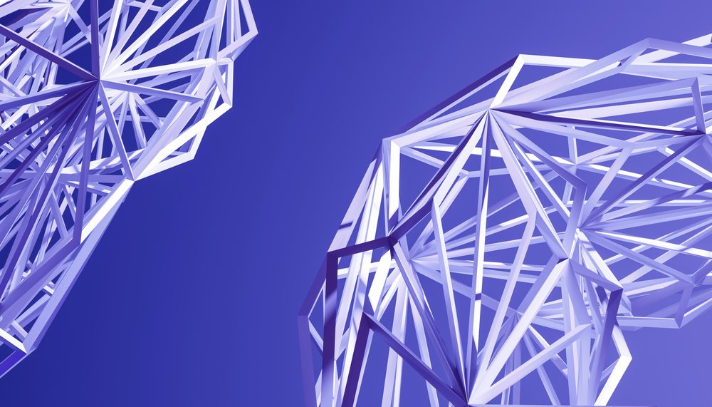 Digital art showing abstract geometric 3D wireframe structures composed of angular polygonal shapes on a blue background.