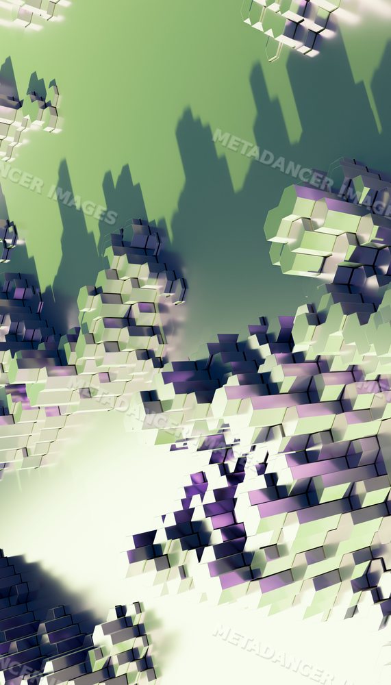 Three-dimensional hexagonal blocks form an abstract geometric pattern