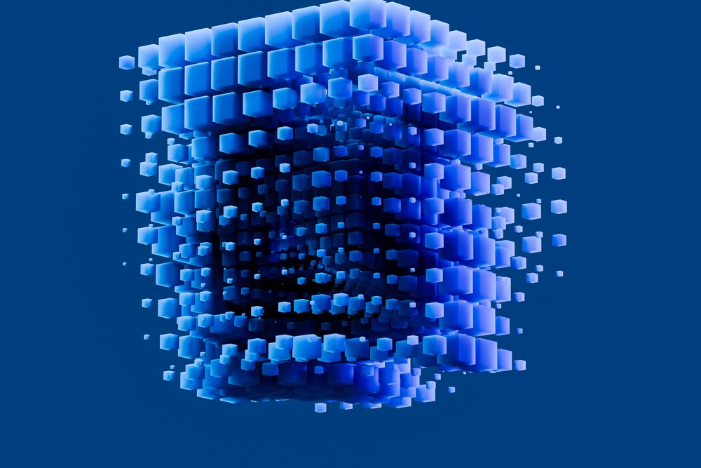 abstract render of floating blue cubes forming a digital geometric structure on a blue background.