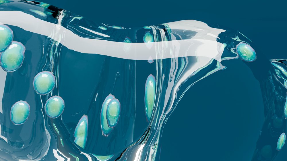 Abstract 3D rendering of a blue translucent liquid with suspended round bubbles on a distorted fluid surface.
