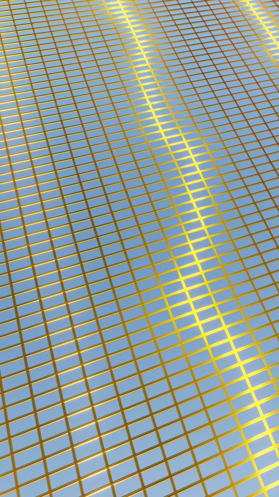 gold grid pattern of reflective blue glass tiles separated by shiny golden lines creating an abstract geometric design.