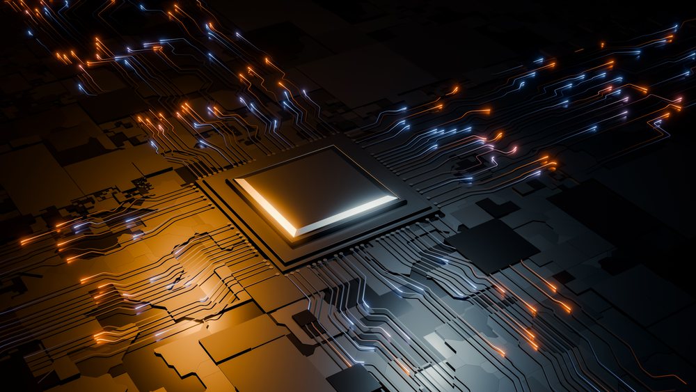Microchip with glowing circuit paths in an abstract render of digital technology.