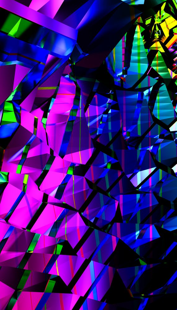 Colorful abstract geometric pattern with faceted shapes in blue, pink, green, purple, and yellow stripes forming a vibrant digital art design.