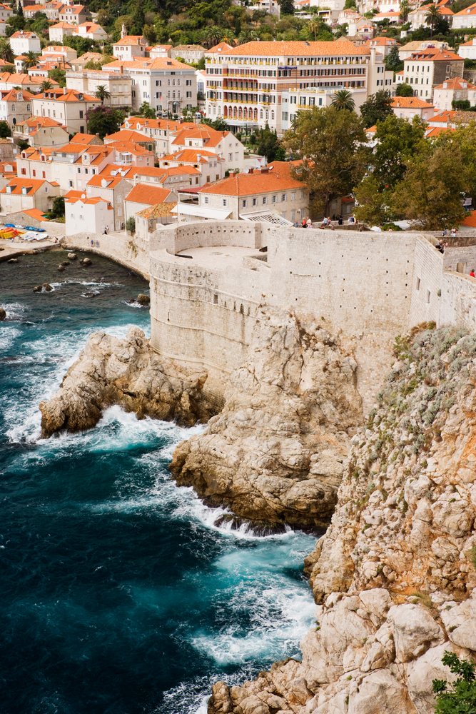 Old City of Dubrovnik with its ancient city walls overlooking the Adriatic Sea and rocky coastline.