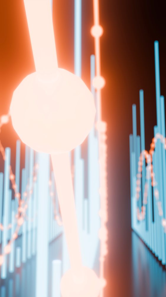 Glowing orange molecular structure with spherical atoms connected by bonds and blue bar charts in a futuristic scientific visualization.