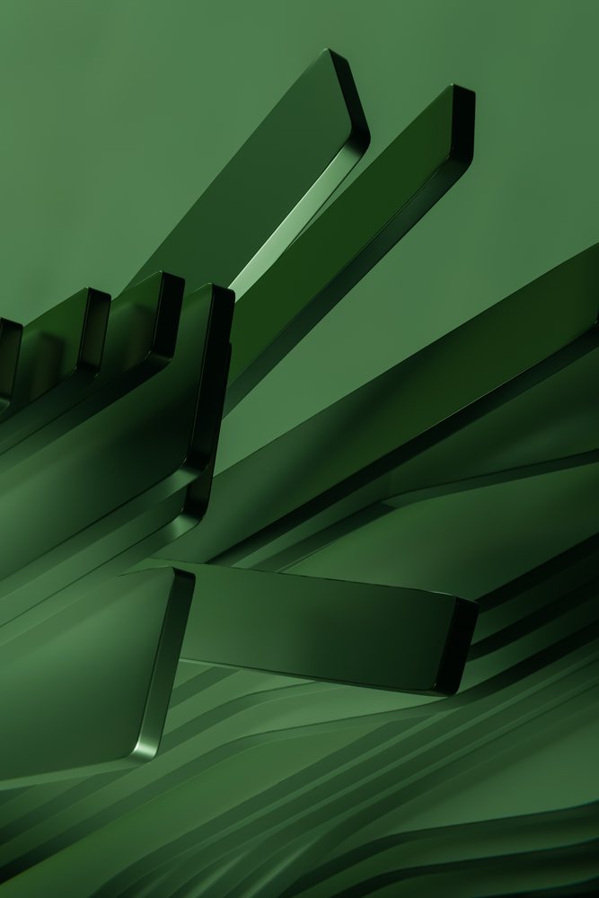 abstract 3d green shiny metallic bars and rectangles forming a modern graphic background render.