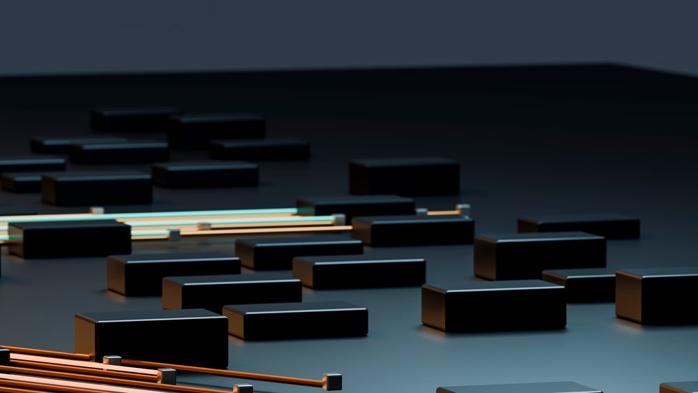 Black rectangular blocks with glowing orange and blue rods arranged in an abstract modern minimalist design on a dark surface.