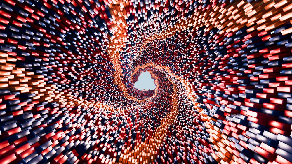 Digital illustration of a colorful spiral tunnel formed by red, blue, and orange 3D blocks.