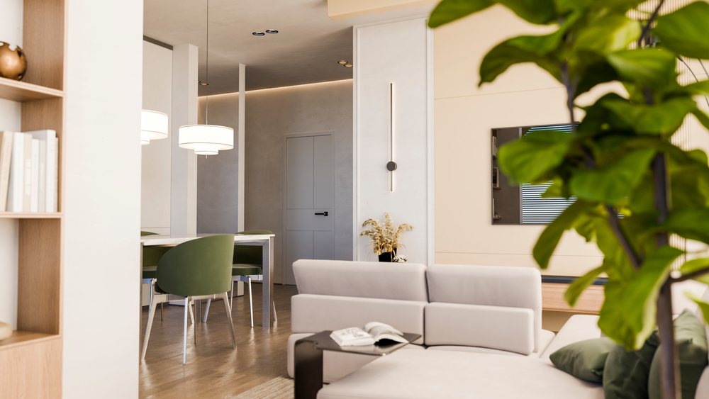 Modern living room and dining area.