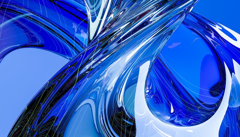 Abstract digital art showing twisting blue glass-like shapes with smooth curves and reflective surfaces as modern wallpaper.