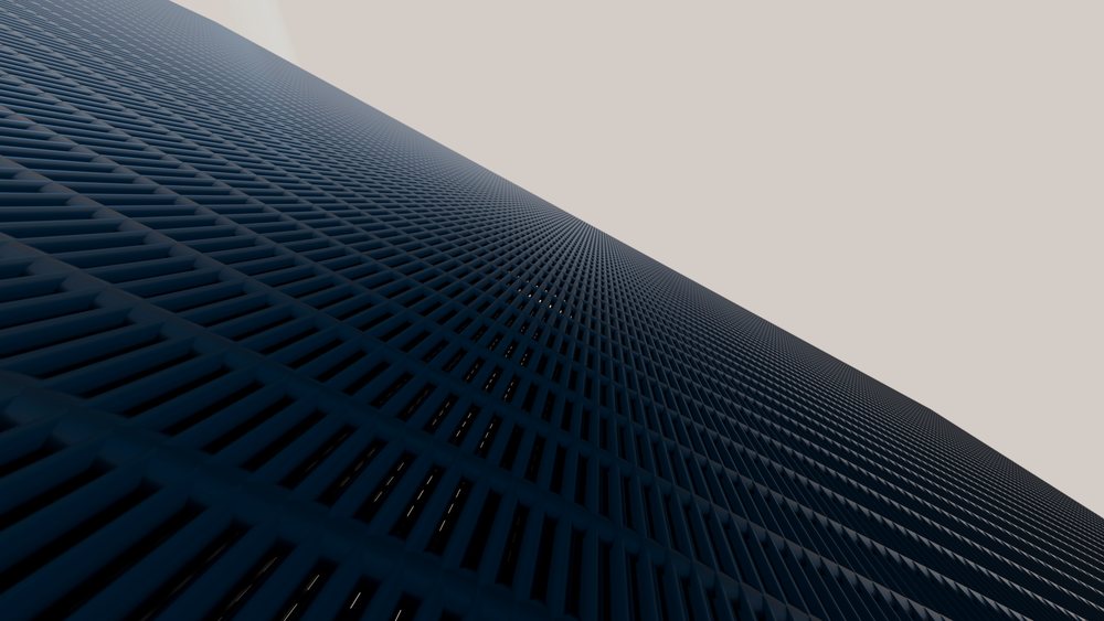 Curved blue grid pattern on a modern architectural surface.