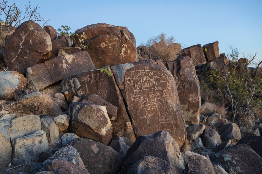 Petroglyph carvings are visible on large boulders, landscape, wildlife, three Rivers, New Mexico, USA.