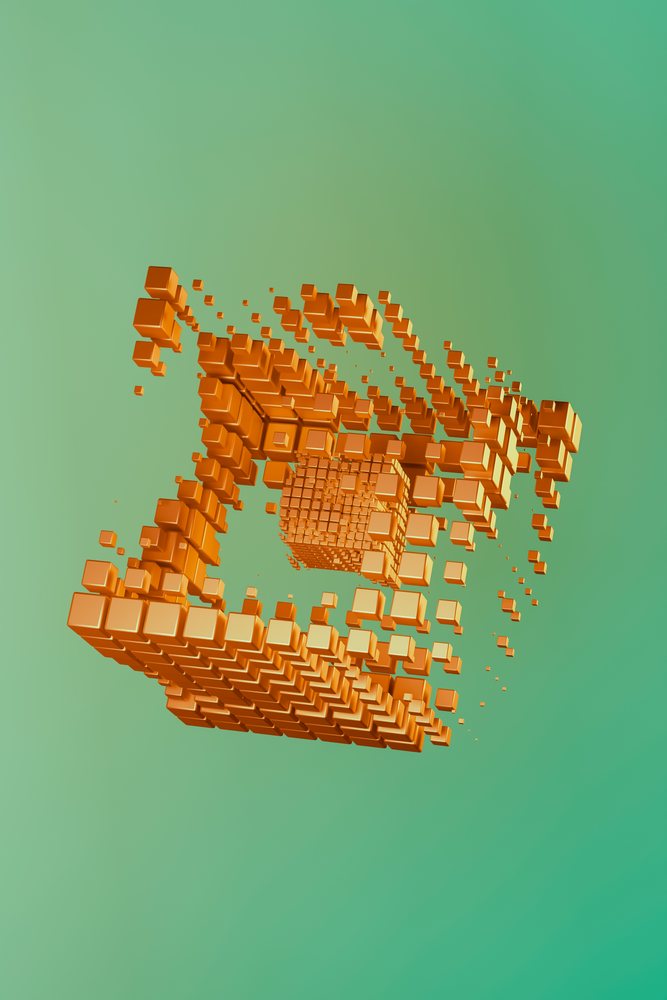 Orange 3D cubes floating and scattered in an abstract render on a green background.