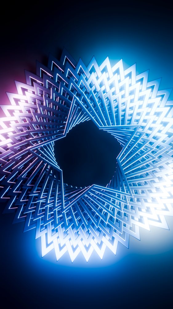 Star-shaped neon light installation with glowing blue and purple geometric pattern on a dark background.
