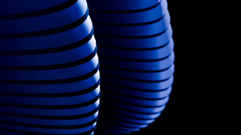 Blue striped curved shapes with smooth surfaces on a dark background in a digital abstract illustration.