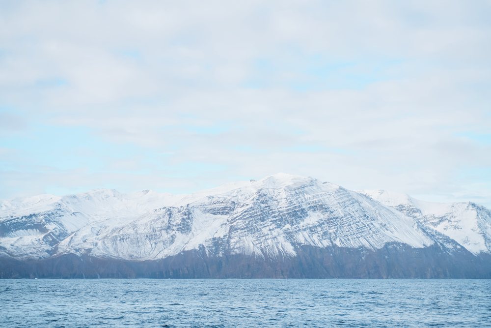A snow-covered mountain range overlooking calm ocean water under a cloudy sky, Iceland.