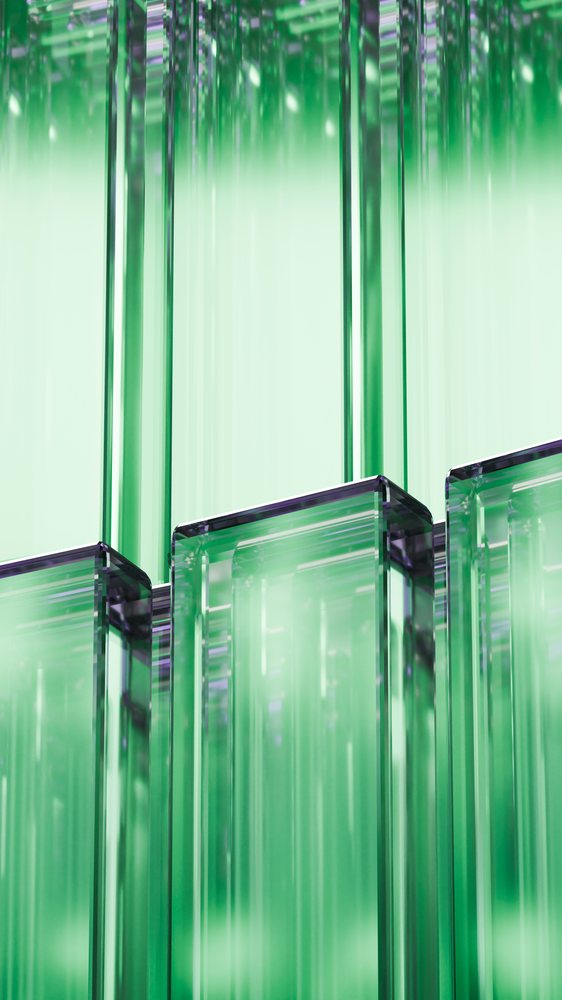 Modern digital illustration of vertically stacked green translucent glass blocks with reflective surfaces creating geometric abstract shapes.