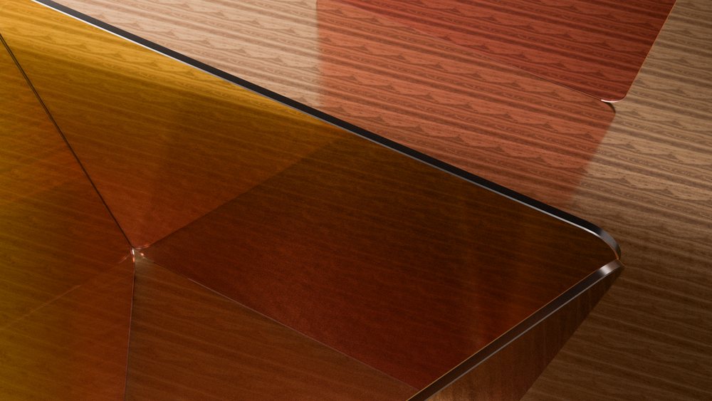 Transparent overlapping colored panels arranged on a wood grain surface creating abstract geometric shapes and reflections.
