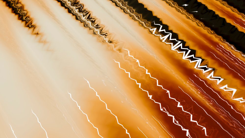 Abstract digital artwork featuring vibrant orange, beige, and brown zigzag and wave patterns with dynamic light streaks and textured design.