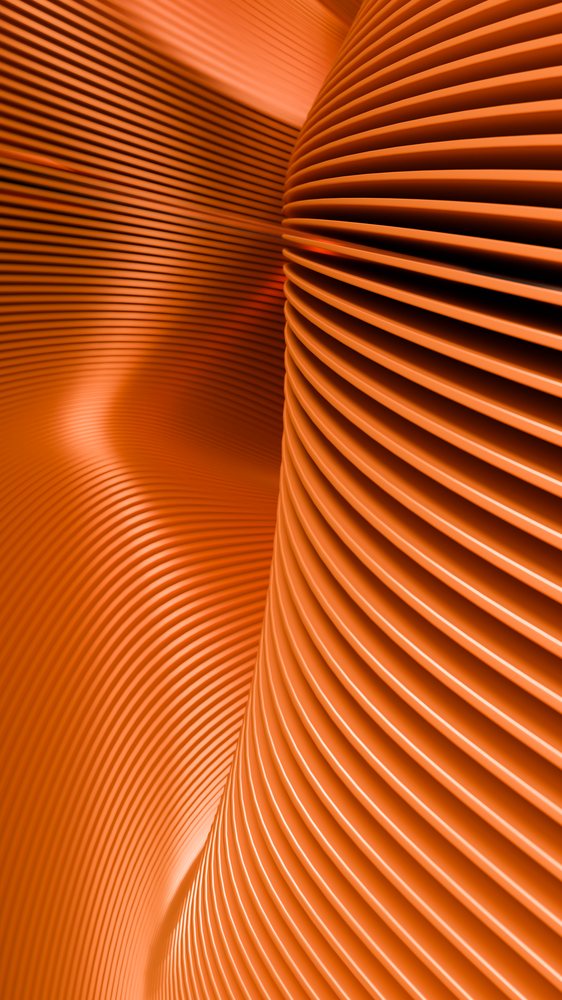 Orange ridged surface forming an abstract curved 3D geometric pattern.