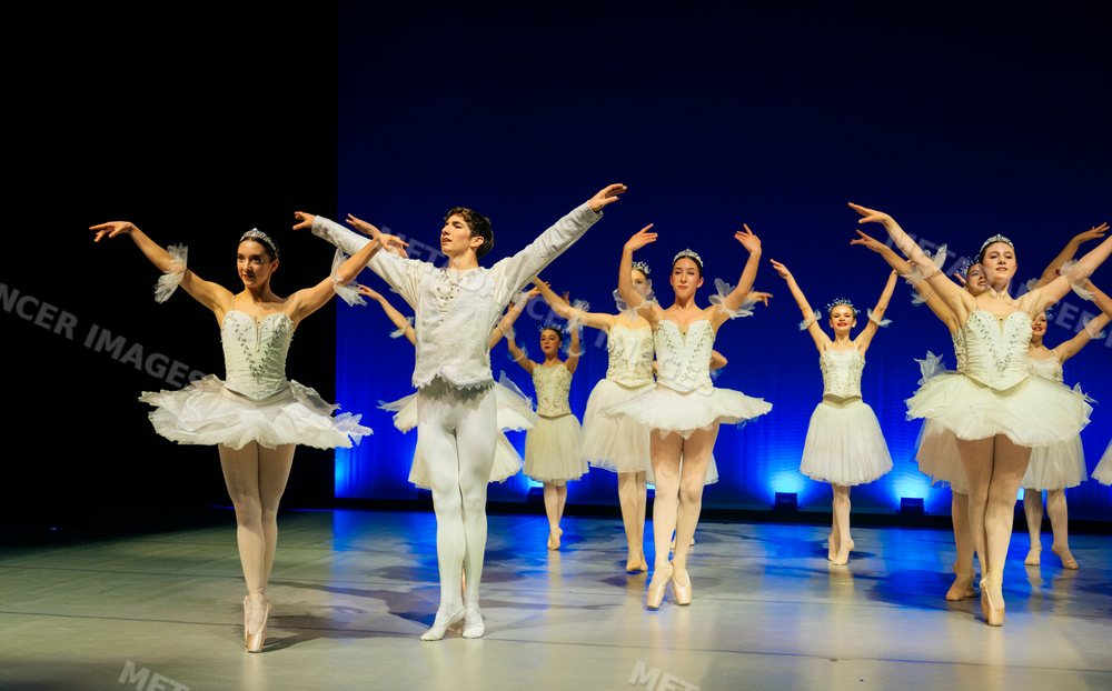 Ballet dancers performing a classical holiday ballet scene on stage