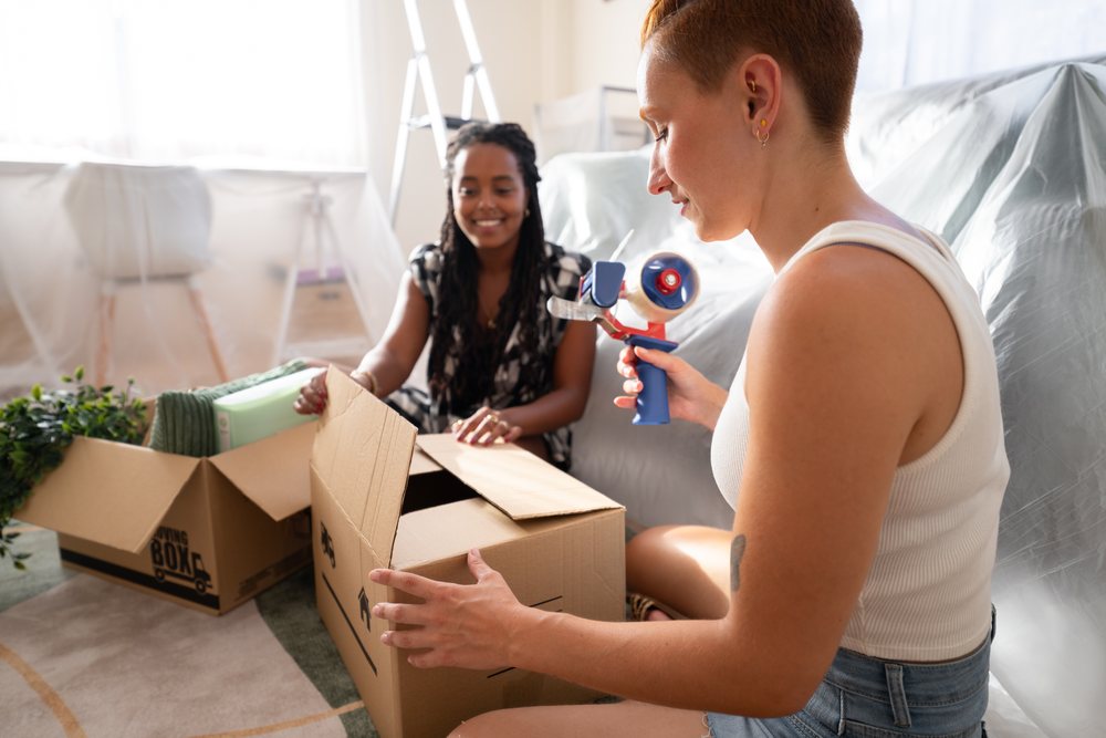 Two women packing cardboard boxes with tape in a living room during a move, moving, Spain.