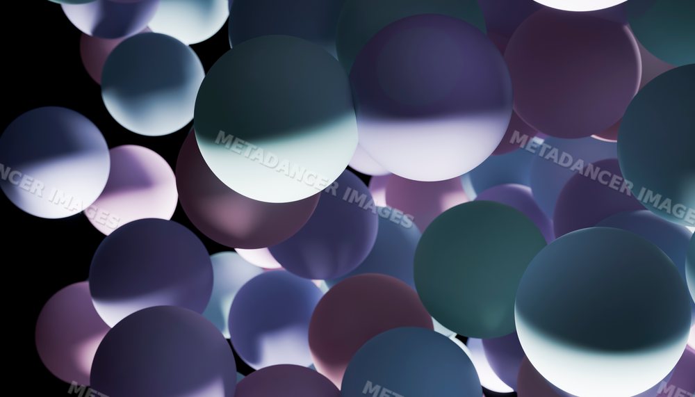 A digital rendering of colorful 3d spheres floating in dark space