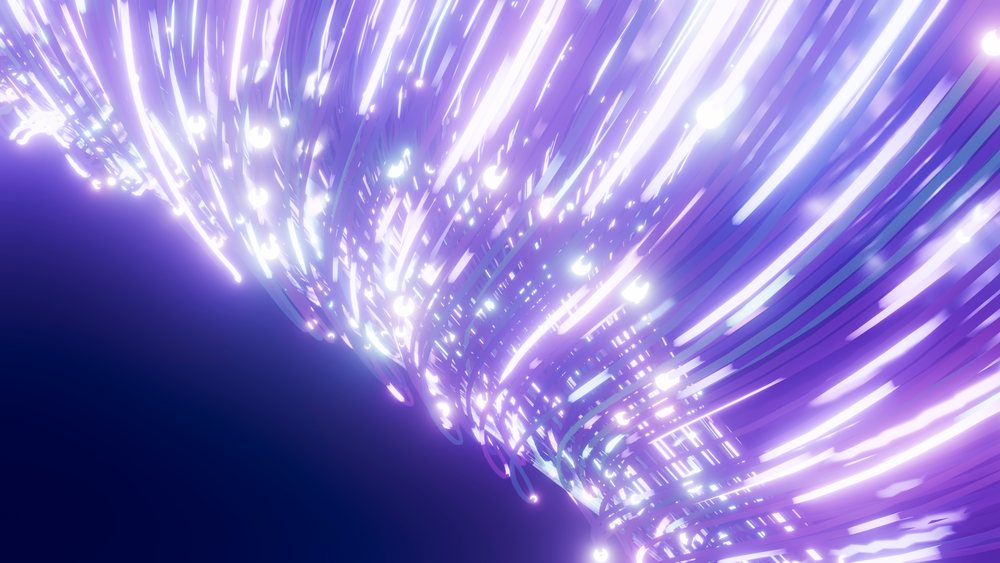 Abstract digital art showing glowing purple and blue light trails swirling and twisting on a dark background.