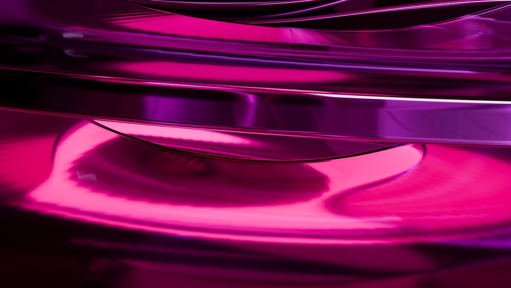 Digital illustration featuring abstract purple and pink smooth flowing liquid shapes with glossy reflections.
