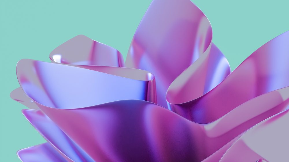 Abstract render of folded metallic shapes in purple and blue tones against a turquoise background.