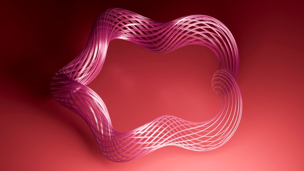 Abstract 3D digital artwork of flowing pink curved ribbons forming a ribbon shape on a red gradient background.