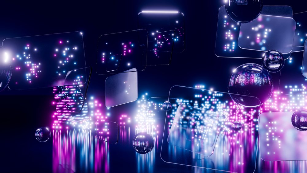 Floating transparent glass panels and reflective spheres display glowing neon data against a dark background in a layered futuristic 3D render.