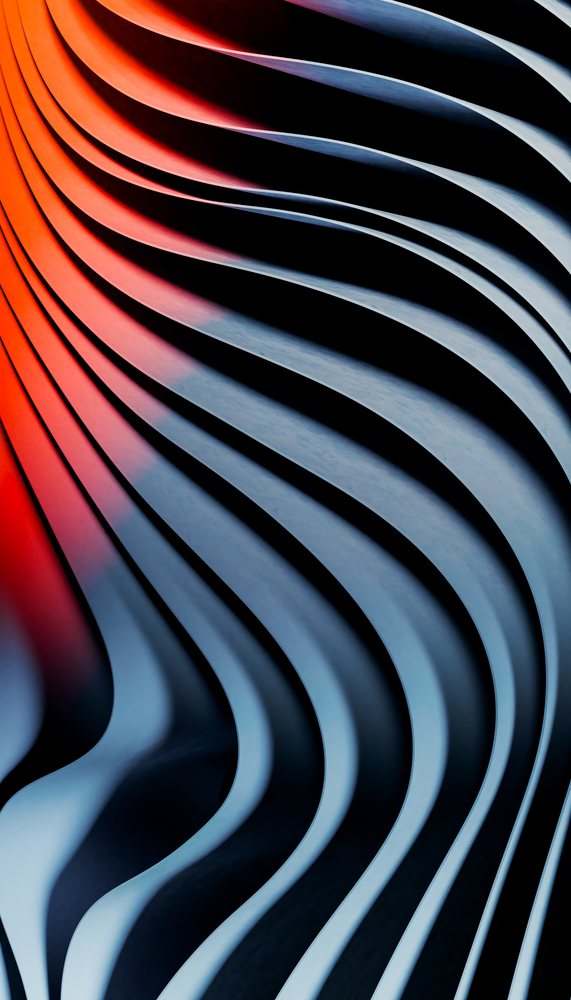 Abstract digital illustration depicting smooth curved wave patterns with a red and blue gradient color scheme, render, wallpaper, background.